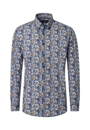 Langärmeliges Hemd mit einem Blumen- und Tiermuster in Blau, Braun und Weiß, ausgestattet mit einem klassischen Kragen und einer durchgehenden Knopfleiste.
