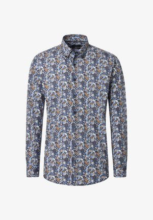 Langärmeliges Hemd mit einem Blumen- und Tiermuster in Blau, Braun und Weiß, ausgestattet mit einem klassischen Kragen und einer durchgehenden Knopfleiste.
