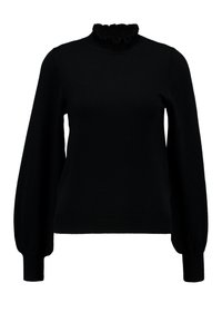 Černý pletený svetr vyrobený z úpletu. Disponuje vysokým rýškovaným límcem a dlouhými rukávy s puff efektem, zakončenými žebrovanými manžetami. Hladký povrch po celém svršku.