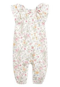 Mono con estampado floral que presenta flores en tonos pastel, mangas con volantes y puños en los tobillos. Adecuado para niños pequeños, enfatizando un diseño alegre y vibrante.