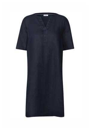 Marinblå linn klänning med korta ärmar, V-ringning och rak passform. Har en enkel design utan synliga mönster eller detaljer.