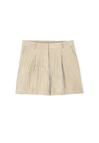 Beige geplooide shorts van textuurstof, met een tailleband, zijzakken en een comfortabele pasvorm.