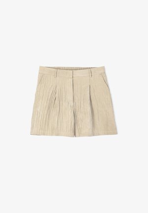 Beige skládací šortky vyrobené z texturované látky, s pasem, bočními kapsami a volným střihem.
