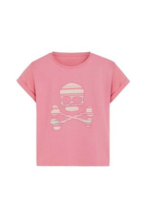 Camiseta rosa de manga corta con cuello redondo y un diseño estampado de calavera y huesos cruzados en la parte delantera.