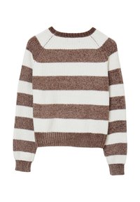 Gestrickter Pullover mit breiten horizontalen Streifen in Braun und Weiß, rundem Halsausschnitt, gerippten Bündchen und Saum sowie strukturiertem Stoff.