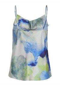 Camisole en satin à coupe ample, présentant un motif aquarelle en bleu, vert et blanc, avec bretelles réglables et un haut à volants.