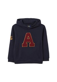 Navy blauwe hoodie gemaakt van een textuurstof, met een grote rode "A" applicatie op de voorkant en een kleine "5" op de rechtermouw.