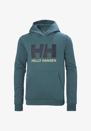 Hoodie en teinte turquoise en mélange de coton, avec une poche kangourou à l'avant, des poignets et un ourlet côtelés, arborant un grand logo noir "HH" et le texte "HELLY HANSEN".