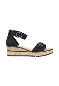 Zwarte wedge sandalen met een kurken tussenzool, uitgerust met een enkelbandje met een ronde zilveren gesp en een gepolsterde voetbed voor comfort.