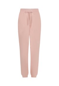 Lichtroze joggers gemaakt van zachte stof, met een elastische tailleband, trekkoord, zijzakken en taps toelopende boorden.
