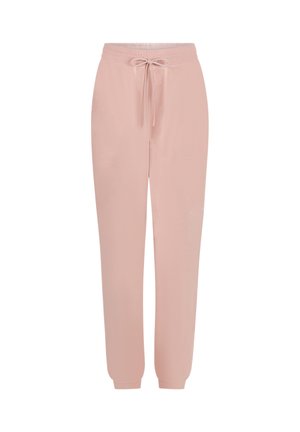 Lichtroze joggers gemaakt van zachte stof, met een elastische tailleband, trekkoord, zijzakken en taps toelopende boorden.