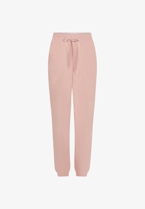 Lichtroze joggers gemaakt van zachte stof, met een elastische tailleband, trekkoord, zijzakken en taps toelopende boorden.