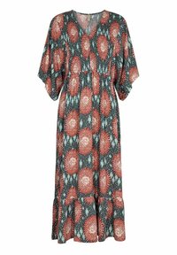 Blumenkleid in dunkeltürkis mit roten und weißen Mustern. V-Ausschnitt, luftige Kimonoärmel, geraffte Taille und ein fransiger Saum. Aus leichtem Stoff gefertigt.