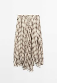 Faltenrock aus leichtem Stoff in beigem und braunem Karomuster, mit glatter Textur und einem unauffälligen Reißverschluss auf der Rückseite.