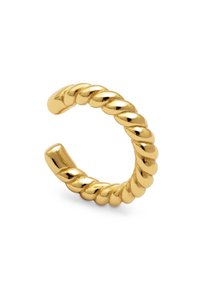 Pendiente de oreja de oro con un diseño retorcido, acabado pulido y extremos abiertos para un uso ajustable. La textura acentuada realza el atractivo visual.