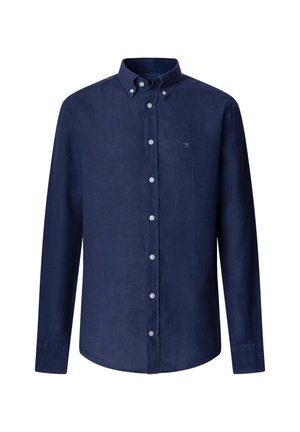 Camicia da uomo a maniche lunghe di colore blu navy con bottoni, colletto abbottonato e piccolo logo ricamato sul petto a sinistra.