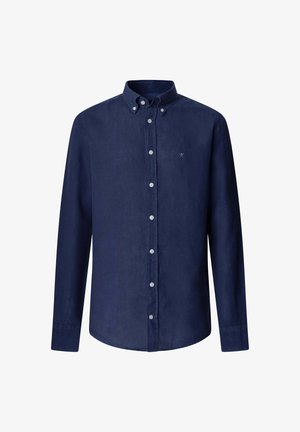Camicia da uomo a maniche lunghe di colore blu navy con bottoni, colletto abbottonato e piccolo logo ricamato sul petto a sinistra.