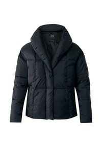 Doudoune noire avec un col haut et replié. Présente des panneaux cousus et une forme boxy. Fabriquée à partir d'un matériau lisse et brillant.