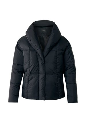 Schwarze Daunenjacke mit hohem, umgeschlagenem Kragen. Verfügt über genähten Paneele und eine kastige Form. Hergestellt aus einem glatten, glänzenden Material.
