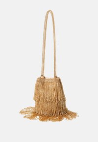 Borsa a tracolla con perline dorate e design frangiato, dotata di una catena e una forma strutturata. Finitura testurizzata con dettagli a strati.