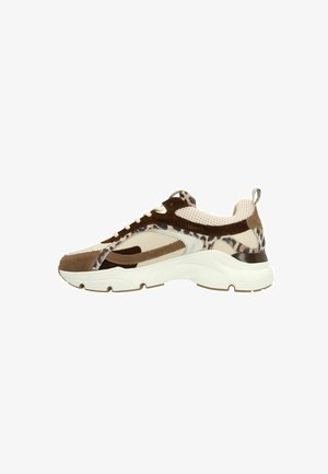 Chunky sneaker in brown and beige suede, featuring a leopard print design, mesh accents, and a white rubber sole. Flat laces and pull tab.