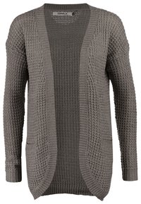 Cardigan gris à ouverture frontale en tricot avec motif texturé, manches longues et deux poches avant.
