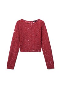 Top lungo a maniche con pizzo rosso, colletto rotondo, design corto e motivo floreale testurizzato su tutta la superficie. Lining interno liscio.