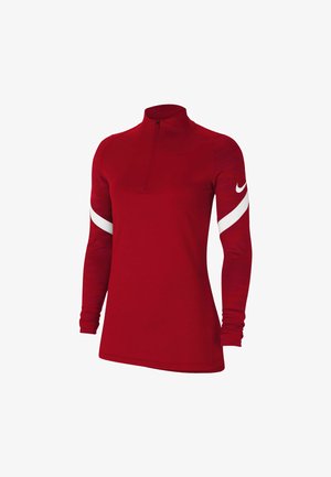 Maglietta atletica rossa a maniche lunghe con colletto alto e zip a un quarto. Presenta rifiniture bianche sulle maniche con un motivo texturizzato. Logo Nike presente.
