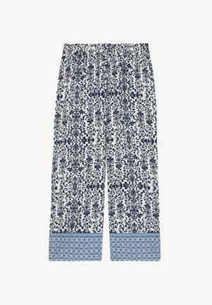Weiße Hose mit marineblauen Blumen- und Rankenmustern, mit blauem geometrischem Muster am Saum und elastischem Bund.
