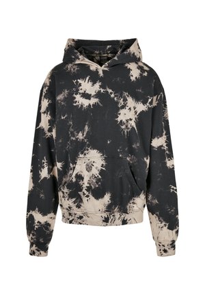 Svart og beige tie-dye hettegenser med frontlomme og lange ermer, vist på en hvit bakgrunn.