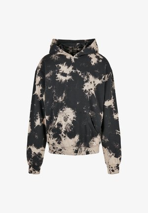 Czarny i beżowy bluz z kapturem w stylu tie-dye z przednią kieszenią kangurką i długimi rękawami, wyeksponowany na białym tle.