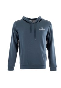 Sudadera con capucha en tejido azul oscuro. Presenta un bolsillo tipo canguro en la parte frontal, puños y dobladillo acanalados, con un pequeño logo en el pecho.