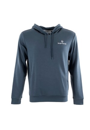 Hoodie van donkerblauwe stof. Bevat een voorvak in kangoeroestijl, ribbelboorden en -zoom, met een klein logo op de borst.