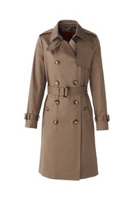 Imperméable trench-coat marron croisé avec ceinture, épaulettes, brides à boucle aux poignets et large col avec rabat coupe-vent.