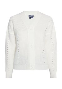 Witte gebreide cardigan met een V-hals, knoopsluiting en gegraveerde details langs de mouwen en zijnaad. Zachte textuur.
