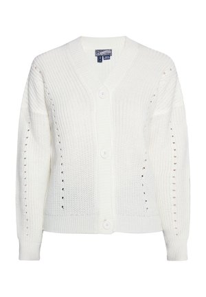 Witte gebreide cardigan met een V-hals, knoopsluiting en gegraveerde details langs de mouwen en zijnaad. Zachte textuur.