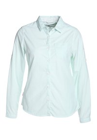 Camicia a maniche lunghe verde menta chiaro con colletto button-down, taschino singolo sul petto e un sottile motivo a pois. Realizzata in tessuto morbido e leggero.