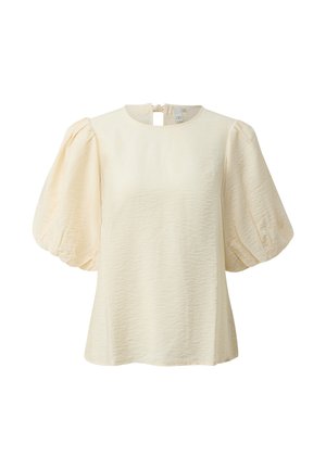 Cremefarbene Bluse mit strukturiertem Stoff und voluminösen kurzen Puffärmeln, mit rundem Ausschnitt und Knopfverschluss am Rücken.