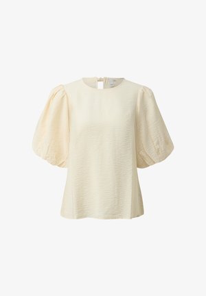 Cremefarbene Bluse mit strukturiertem Stoff und voluminösen kurzen Puffärmeln, mit rundem Ausschnitt und Knopfverschluss am Rücken.