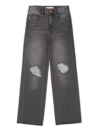 Grå denim bredbenede jeans med en falmet finish, der har to slidte lommer. De har et design med fem lommer og en frynset kant.