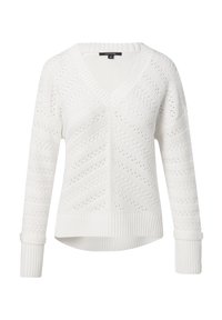 Witte gebreide trui met een V-hals, ingewikkelde diagonale patronen, ribgebreide manchetten en een iets blootgestelde zoom. Ademend materiaal.