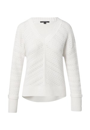 Biała, dziergana sweter z dekoltem w serek, skomplikowanymi ukośnymi wzorami, prążkowanymi mankietami i lekko odsłoniętym dołem. Oddychająca tkanina.