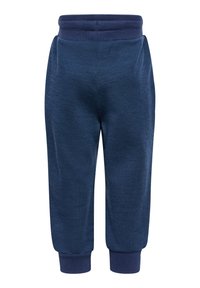 Marinblå fleecebyxor med resår i midjan och vid bensluten, rak skärning och mjukt material.