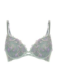 Groene mesh bh met bloemborduursel in roze en paars. Heeft een driehoekige vorm, verstelbare bandjes en een kruislingse afwerking.