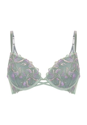 Green mesh bra with floral embroidery in pink and purple. Features a triangular shape, adjustable straps, and crisscross detailing.