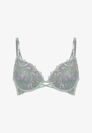 Grüner Netz-BH mit floralen Stickereien in Pink und Lila. Hat eine dreieckige Form, verstellbare Träger und Kreuzdetails.