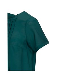 Szmaragdowa bluzka z krótkimi rękawami, z plisowanym przodem i zapięciem na guzik w kształcie dziurki przy szyi, wykonana z lekkiego materiału.
