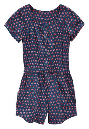 Mørkeblå kortærmet jumpsuit med røde bærmønstre, knaplukning foran, elastisk talje og to sidelommer. Letvægtig stofstruktur.