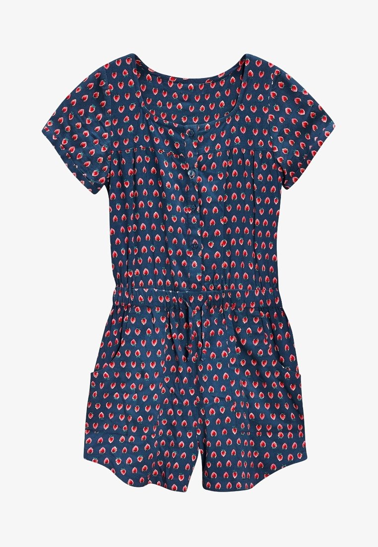 Combinaison courte bleu marine à manches courtes avec motif de baies rouges, fermeture à boutons sur le devant, taille élastique et deux poches latérales. Tissu léger.