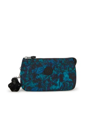 Zippered pouch in black, blue, and green abstract pattern; features a small gorilla charm and a black logo on the front.